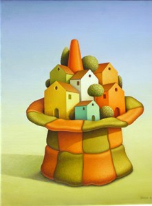 Paese nel cappello (olio su tela) 30x25 cm